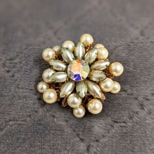 Vintage 50's Faux Pearl w/ AB Crystal Accent Brooche